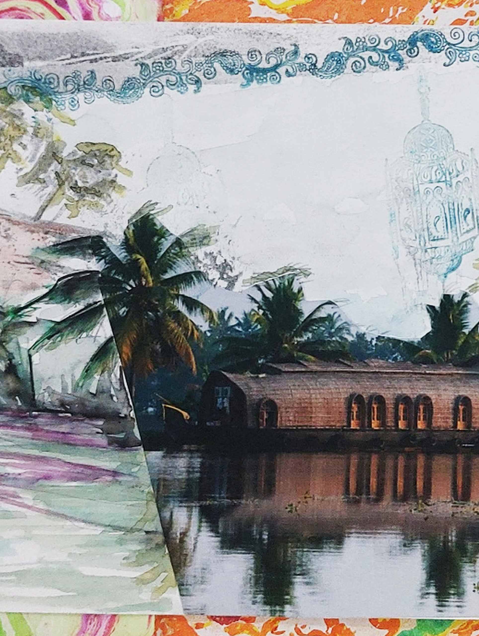 image décorative. Paysage à la fois réaliste et aquarelle, avec eau, palmier, bateau